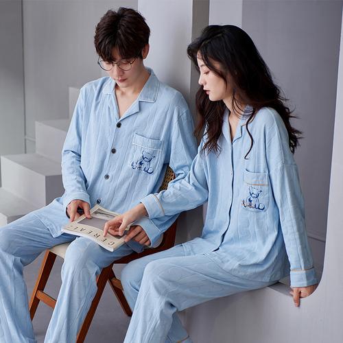 男女睡衣套装2021年秋季翻领开衫清新个性情侣纯棉家居服厂家直销